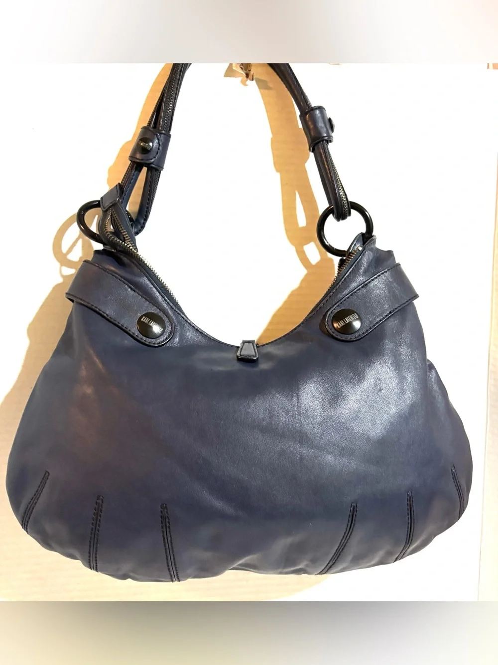 Karl Lagerfeld Navy Leather Shoulder Bag with Grommet Accents